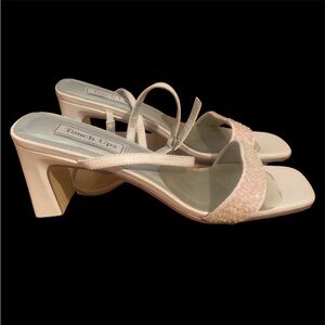 Y2K Touch Ups white sequined square toe chunky heel pumps with gel sole